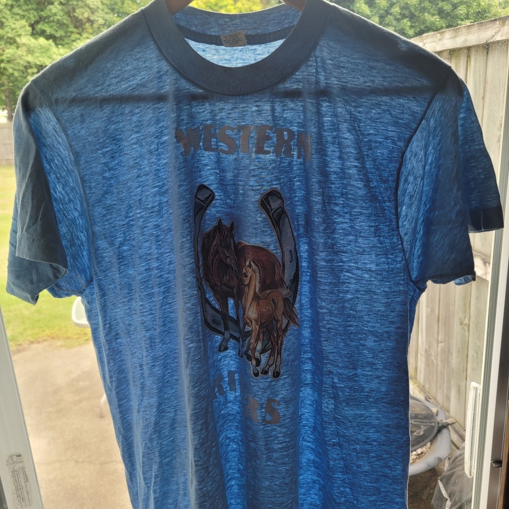 Vintage 80s T-Shirt Women XL Blue Western Riders Horse Paper Thin Single Stitch
